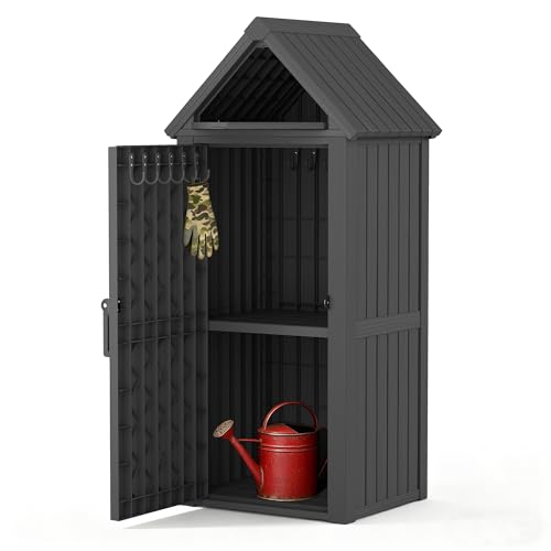 Outdoor Storage Shed with Removable Shelves, Waterproof Resin Outdoor Storage Cabinet for Small Patio, Balcony, Backyard, Vertical Storage Shed with 12 Hooks for Garden Tools, Grilling Supplies, Black