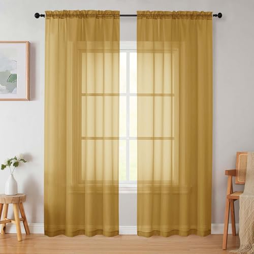 WelvetBLK Gold Sheer Curtains 84 Inches Long 2 Panels Soft Airy Light Filtering Curtains for Bedroom Living Room Modern Rod Pocket Privacy Drapes Window Treatments Gold Total Wide 84 Inch