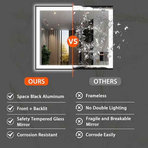 40x30 LED Bathroom Mirror, Black Aluminum Framed, Backlit + Front-Lit, 3 Colors Temperature Changeable, Dimmable Vanity Mirror, Tempered Glass, Defog, Waterproof, Memory (Horizontal/Vertical)