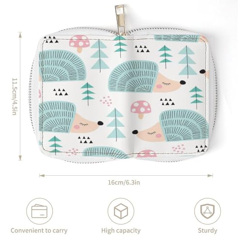 Women Leather Coin wallet, Key Change Organizer Zipper Card Holder Purse Clutch Pouch Pocket 4.5x3.15 in Print Hedgehog Forest Seamless3