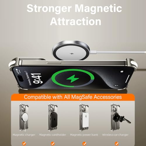 Omio for iPhone 15 Pro Max Bumper Case Compatible with MagSafe, Minimalist Phone Case with Invisible Magnetic Kickstand Slim Frameless Borderless Shockproof Stand Case for Men Women, Natural Titanium