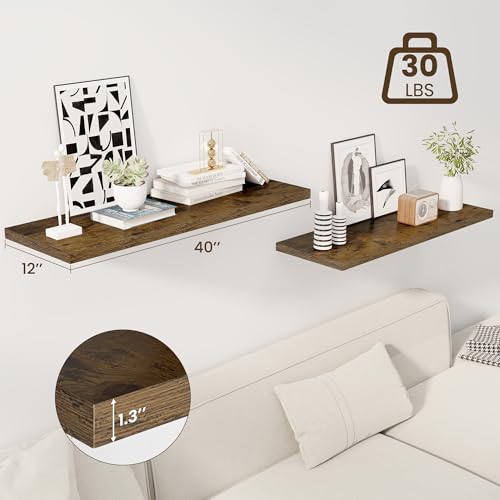 Image of Dreamland 40 inch Floating Shelves for Wall, 12 inch Deep Slim Rustic Brown Floating Shelves, Wall-Mounted Shelves for Bedroom, Living Room, Kitchen, Bathroom - Set of 2