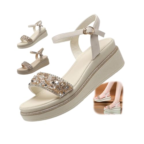 Women’s Wedge Sandals with Crystal Embellishments, Adjustable Ankle Strap, Comfortable Platform Sandals, Stylish and Elegant for Summer, Weddings, and Casual Wear