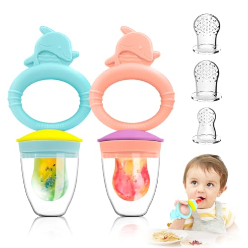 Image of Baby Solids/Frozen Fruit Feeder Pacifier, Infant Teether Toy 4M+, BPA-Free Silicone Pouch & Nipple, Safely Introduce Solids, Teething Relief, 2-Pack