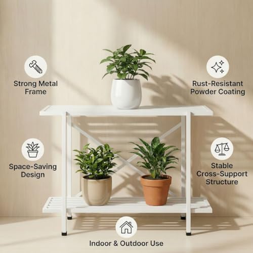 Image of ecofynd Adam Plant Stands for Outdoor Balcony, Flower Pot Stand for Indoor Plants, Large Metal Planter Stand for Living Room, home decor, Indoor & Outdoor plants, 2 Tier, (26 Inch, PS049-WHT)