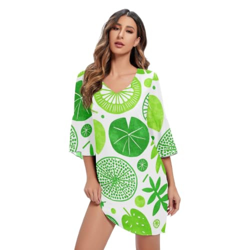 Robe trapèze en mousseline de soie imprimé tropical vert fluide col V chic pour femme
