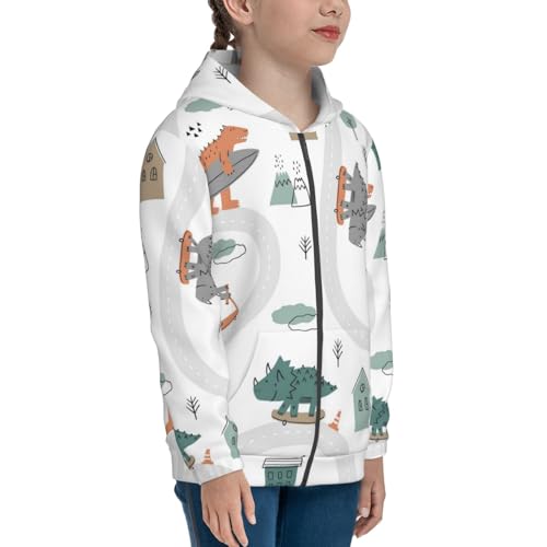Dino on a Skateboard Surf Kids Pullover Hoodies Boys Zip Up Sweatshirts Girls Athletic Clothes with Pocket4