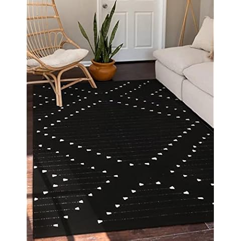 LIVEBOX Boho Area Rug 5' x 8' Washable Large Black Indoor Outdoor Rug Moroccan Cotton Tribal Collection Farmhouse Woven Floor Mat for Bedroom Living Room Cover