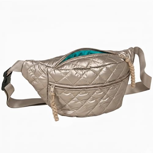TWO KAT Metallic Quilted Crossbody Fanny Pack Multi-Pocket Unisex Sling Bag (Gold with Teal Lining Large)