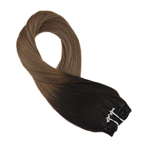 Clip in Human Hair Ombre Extensions 16 Inch 7pcs/100g Color 1B Off Black Fading to 10 Brown Double Weft Hair Extensions Clip in Remy Human Hair