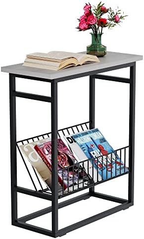 Unglehome End Table, Narrow Nightstand, Skinny Bedside Tables, Small Side Table for Small Spaces with Magazine Holder Rustic Slim Little Thin Table for Living Room, Bedroom, Sofa-Light Grey