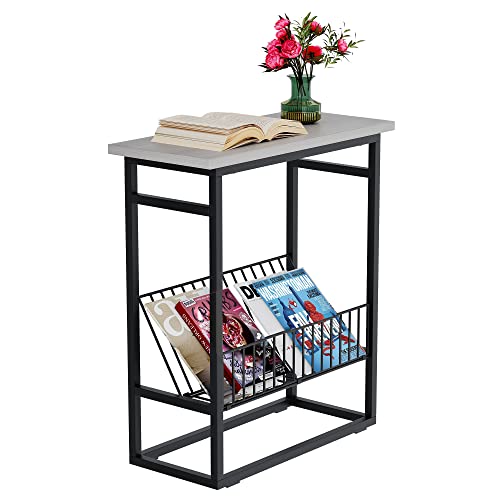 Unglehome End Table, Narrow Nightstand, Skinny Bedside Tables, Small Side Table For Small Spaces With Magazine Holder Rustic Slim Little Thin Table For Living Room, Bedroom, Sofa-Light Grey #TOP29