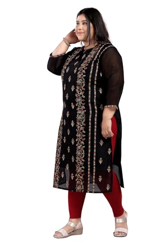 Image of DREAM & DZIRE Women's Chanderi Cotton Kurti | Floral Hand Embroidery | 3 /4 Sleeve | Round Neck | Calf Length Straight Kurta | Beige | S to 8XL Plus Size