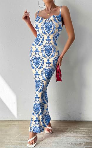 Image of PRETTYGARDEN Women's 2026 Summer Floral Spaghetti Strap Maxi Dress Stretch Sexy Bodycon Dress Backless Slip Long Dresses