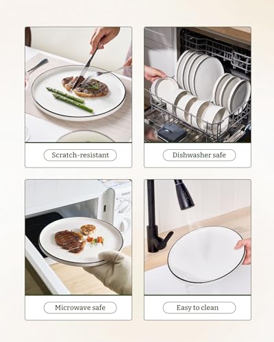 Image of Famiware Porcelain Dinnerware Set, 18-Piece Modern Plate and Bowl Set, dish set for 6, Microwave and Dishwasher Safe Tableware, White with Black Trim