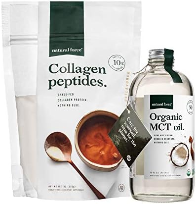 Natural Force Organic MCT Oil + Grass Fed Collagen Peptides Bundle – Organic, Non GMO, 100% Pure Coconut MCTs & Hydrolyzed Type I and III Collagen Protein - 16 Ounce Bottle and 11.7 Ounce Bag