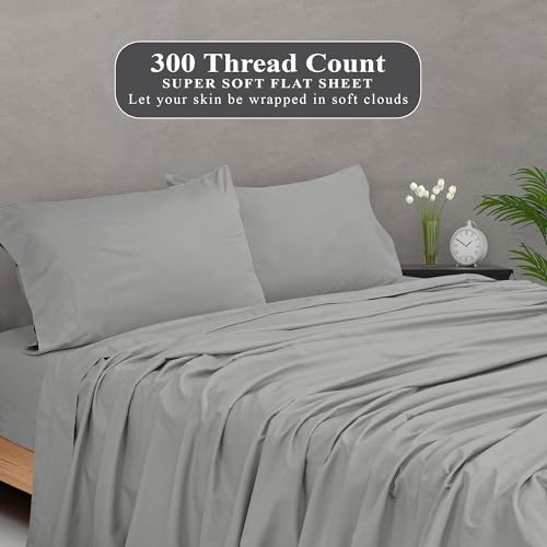 Image of Royale Linens 300 Thread Count 100% Long Staple Combed Cotton Flat Sheet - Super Soft - Top Sheets - Queen Flat Sheet Sold Separately - Breathable, Cool & Crisp Percale Sheets Only (Queen, Silver)