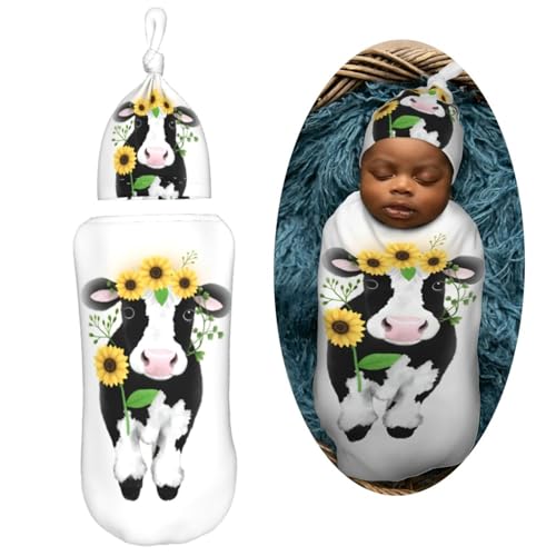 Image of Ornate Cow in Sunflowers Newborn Swaddle Blanket with Beanie Set Soft Baby Sleep Sack Stretch Adjustable Swaddle Wraps Receiving Blankets