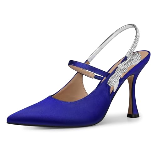 Women Kitten Heel Pumps: Pointed Toe Slingback High Heels - Blue Sparkly Bow Sexy Pump - Prom Shoes Night Party Size 6.5
