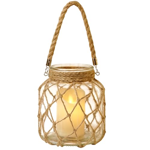 Nautical Candle Lantern, Rope-Wrapped Glass Jar with LED Flameless Candle (No Batteries Included), Decorative Indoor Lantern for Table Centerpieces, and Nautical Home Decoration 5.6" x 5.6" ...