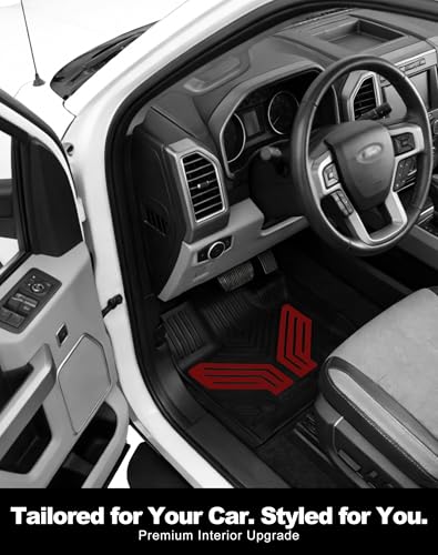 Image of Premium Color TPE Floor Mats for Ford F-150 2015-2026 | Racing Red Wing Design| F150 Lightning 2022-2025 SuperCrew (Rear w /o Fold Flat Storage) | Heavy Duty Car Carpet All-Weather Protection