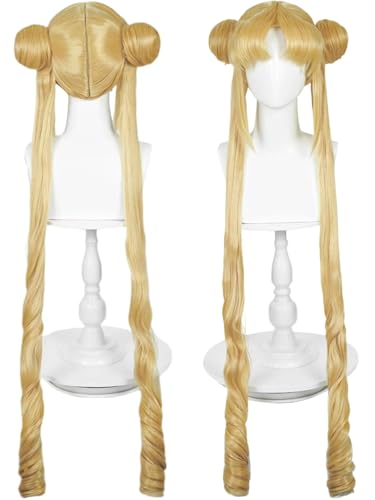 Image of Half and Half Long Blonde Anime Cosplay Wig with Bangs & Buns 39'' Blonde Curly Ponytail Wigs Cute Pigtails Costume Wig for Women Halloween Party