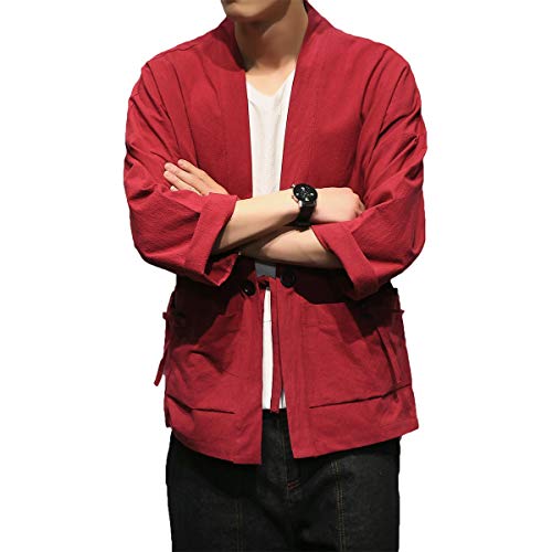 Image of Mens Kimono Cardigan Cotton Linen Japanese Shirt 3 /4 Sleeve Haori Yukata | Skin-Friendly Solid Color Lightweight Shawl Collar Kimono Robe Embroidery Button Tie Pockets Happi Coat All Season Daily Wear