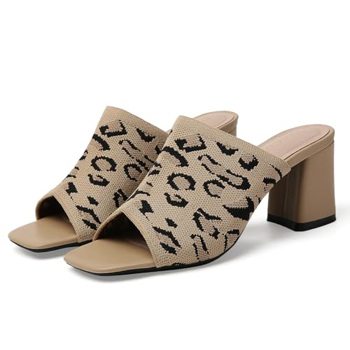 Image of Tilocow Knit Heeled Sandals for Women Square Open Toe Heeled Mules Chunky Block Low Heel Slip On Slides