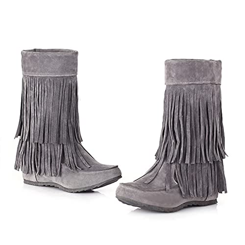 Bemey Womens Fringe Moccasin Faux Suede Boots Flat Heel Hidden Wedge Round Toe Casual Tassel Mid Calf Boot Grey 10 #TOP1