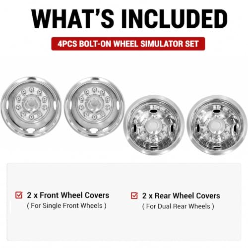 Image of 4pc 16 inch Anti Rust Wheel Simulators Compatible with Ford F450 1988-1998 w /Tool Kit C16D10, 10 Lug Polished Stainless Steel Dually Bolt On Cover Hubcaps C16D10