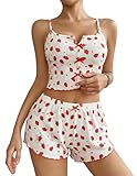 Avidlove Cute Cami Short Set for Women Sexy 2 Piece PJ Shorts Set Ribbed Nightwear with Bow White Strawberry Print M