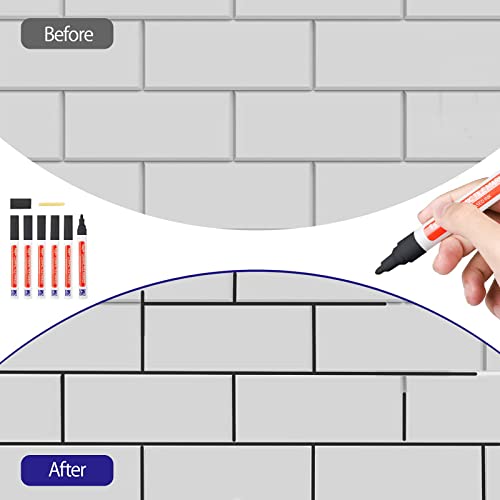 DONQL 6Pcs Tile Pen Black Grout Pen for Tiles Bathroom with Replacement Nib Tips Anti-Grout black Tile Pen Marker for Restoring Tile Grout Wall Floor Bathroom Kitchen and Floor Tiles (Black)