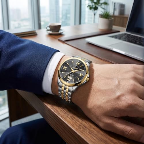 Image of Letoff Men's Analog Watch,Tool-Free Adjustable Clasp, Water Resistant 100ft, Roman Numeral Dial, Stainless Steel Case & Strap, Perfect for Business & Casual Wear