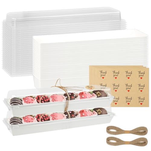 25pcs Strawberry Boxes with Clear Lids, 11.6 x 2.6 x 2 inches Disposable Macaron Boxes, To Go Dessert Containers For Cookies, Truffle, Cocoa Bombs, Chocolate Covered Strawberries