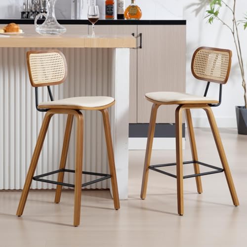 DUOMAY Set of 4 Modern 26 Beige Bar Stools with Rattan Back and PU Upholstery for Home or Coffee Shop