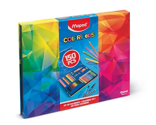 Maped - Kit de Coloriage 150 pièces Color'Peps - Coffret complet - Crayons de couleur + Feutres + Aqua + Craies Wax + Infinity - Boîte cadeau
