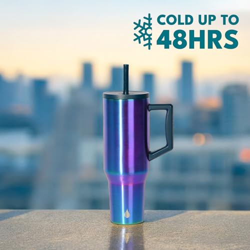 Image of Elemental Spill Proof 40oz Insulated Tumbler with Handle & Straw Travel Mug | Stainless Steel Commuter Travel Coffee Mug for Cold Beverages, Includes 2 Straws & a Spill Proof Lid for Everyday Use