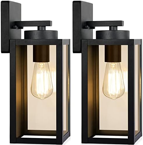 Outdoor Wall Light Fixtures, Exterior Waterproof Wall Lanterns, Porch Sconces Wall Mounted Lighting with E26 Sockets & Glass Shades, Modern Matte Black Wall Lamps for Patio Front Door Entryway, 2-Pack