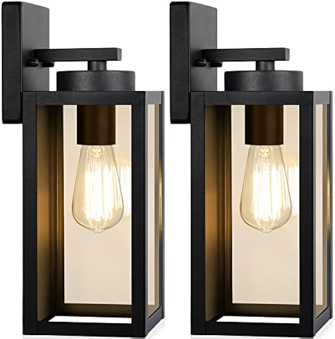Outdoor Wall Sconce Fixtures, Exterior Waterproof Wall Sconce, Porch Sconce Wall Mount Lighting with E26 Socket and Glass Shade, Modern Matte Black Wall Sconce for Patio Front Door Entrance, Pack of 2