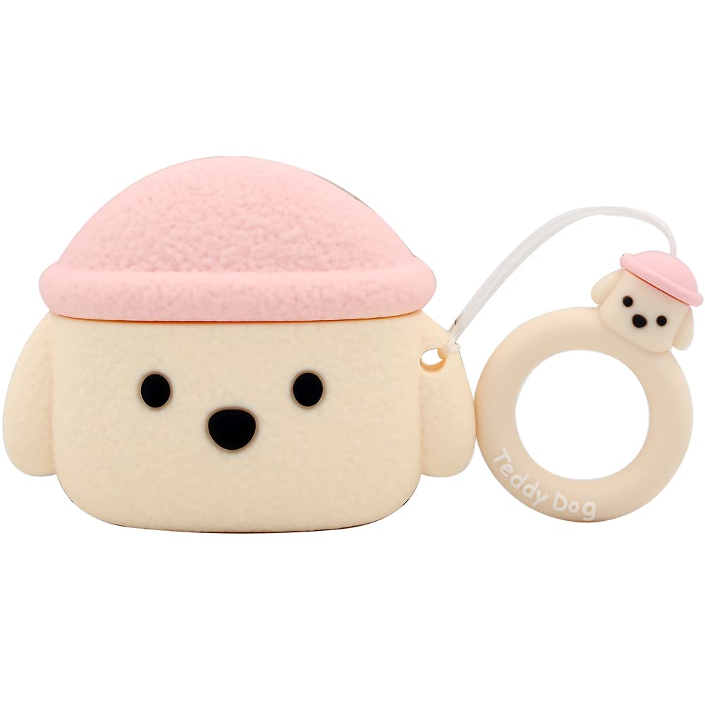 AirPods 3 Case Cover, Cute 3D Toy Poodle Dog Puppy Silicone Shockproof Case with Ring Charm Compatible with AirPods 3rd Generation 2021 (Pink/Off-White)