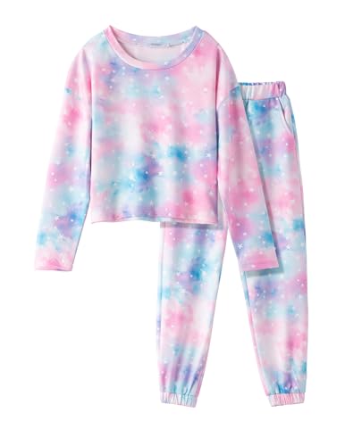 Image of Arshiner Girls 2 Piece Outfits Kids Trendy Tie Dye Sweatsuits Sets | Size 5-14Y, Girls 2-Piece Tracksuit Set, Tie Dye Print, Long Sleeve Top & Jogger Pants, Soft Polyester, Elastic Waistband