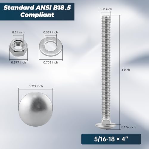 Image of 5 /16-18 x 4 Inch Carriage Bolt Kit, 304 Stainless Steel (18-8) with Hex Nuts & Flat Washers - 8 Sets, Round Head Square Neck, Full Thread Coverage by Glvaner