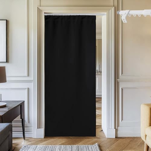 NICETOWN Doorway Curtain & Track Set, Blackout French Door Curtain with Smooth Track for Closet/Bay, Thermal Insulated Temporary Door for Living Room/Bedrrom Privacy, W 34 x L 80 in, Black, 1 Panel