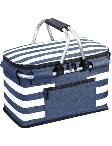 KEFOMOL Insulated Picnic Basket,Leak-Proof Collapsible Cooler Bag,26L Grocery Basket with Lid,2 Sturdy Handles,Storage Basket for Picnic,Food Delivery,Take Outs,Market Shopping,Travel (Blue)
