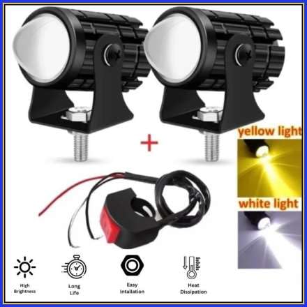 Image of Mini Projector Lens Fog Light Lamp for Motorcycles ? LED Dual Color White & Yellow Lighting (12V, 36W) with On /Off Switch and Battery Powered