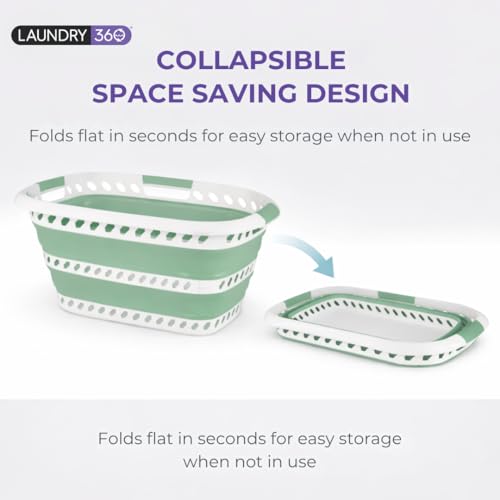 Image of Laundry 360 Collapsible Laundry Basket | Portable | Space Saver Storage | Hold 2 Loads | Store Under the Bed or Closet | Good for Kids | Dorm | Bedroom | Large | White /Sage