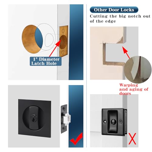 Cerradura de bolsillo con llave y manija para puerta corrediza, pomo empotrado, respaldo de 2-3/8 pulgadas, para puertas interiores de 1-3/8 a 2-3/16 pulgadas (Negro mate, 1 unidad) miniatura 7