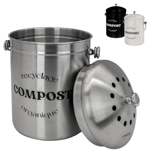 Linxor - Composteur, bac, Poubelle à Compost de Cuisine 5L Rond en INOX - Plusieurs Coloris