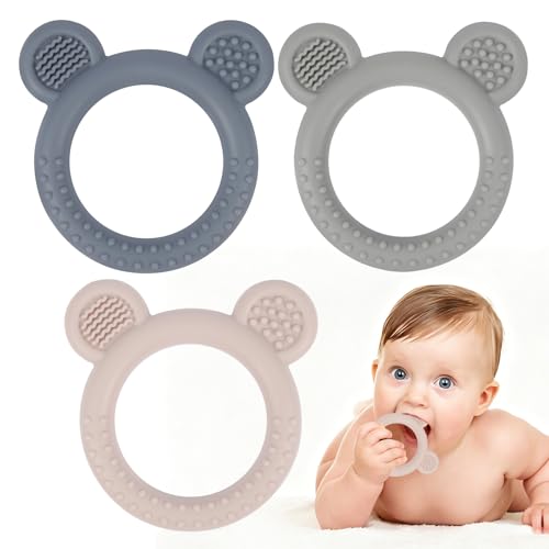Image of Eascrozn Baby Teething Toys Over 3 Months, 3 Pack Bear Silicone Teething Rings for Babies, Sensory Chew Toys for Teething Relief, BPA Free Infant Toys Boys Girls Gifts Baby Essentials