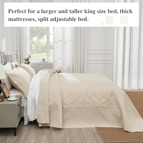 Image of ENJOHOS Oversized King Bedspread 138x122, California King Quilt with Damask Pattern, Beige Coverlet with Pillowcase, Lightweight Soft Extra Wide Comforter Bedding Set for All Season | Breathable